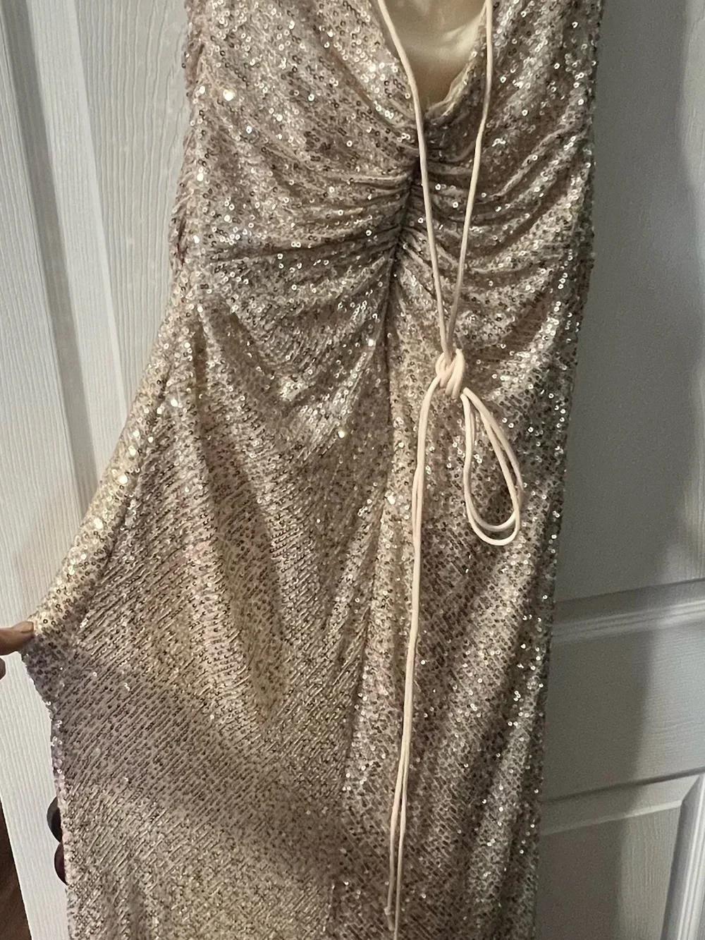 Gold Sequin Ruched Spaghetti-Strap Formal Dress - Picture 5 of 6